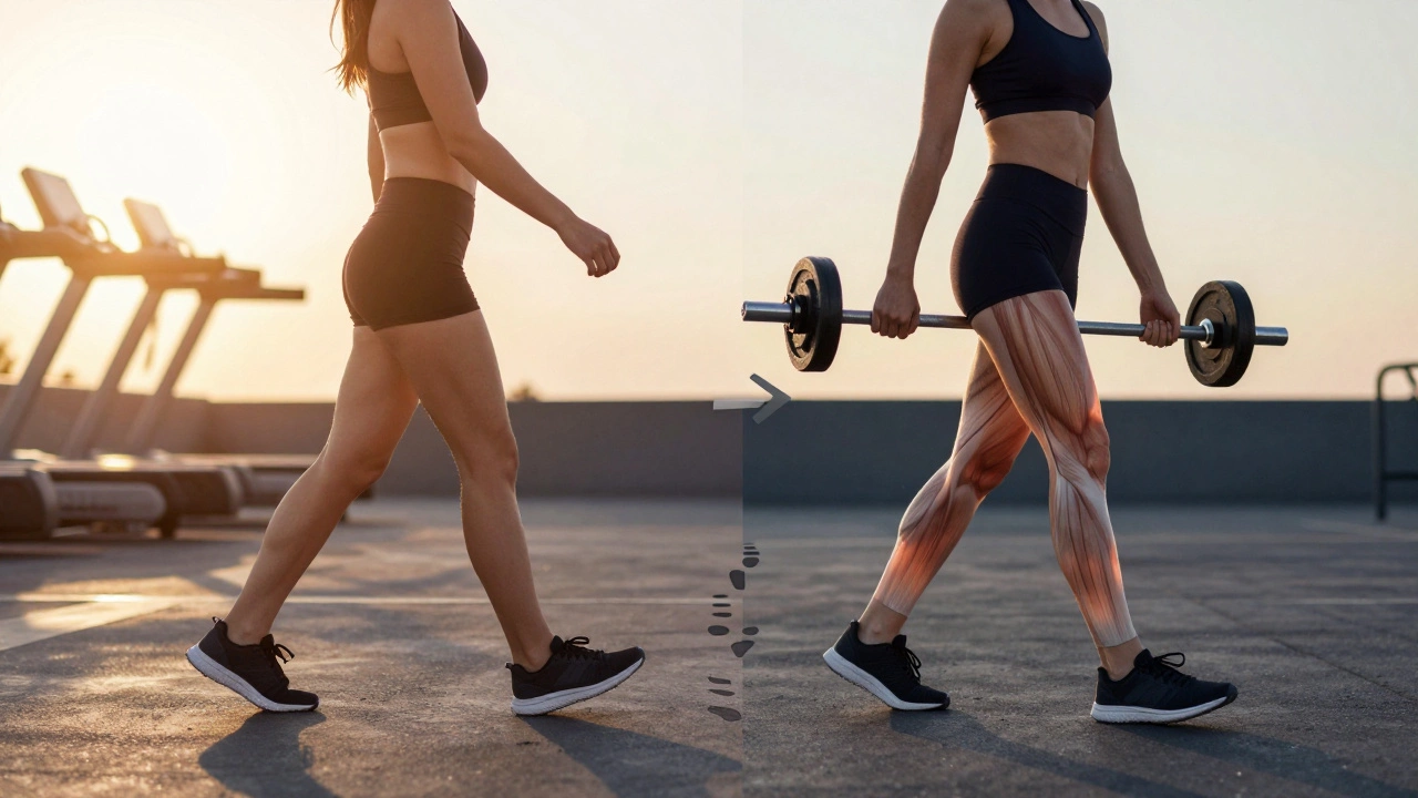 Split image showing walking before and after gym, with muscle activation overlays and footprints connecting both.