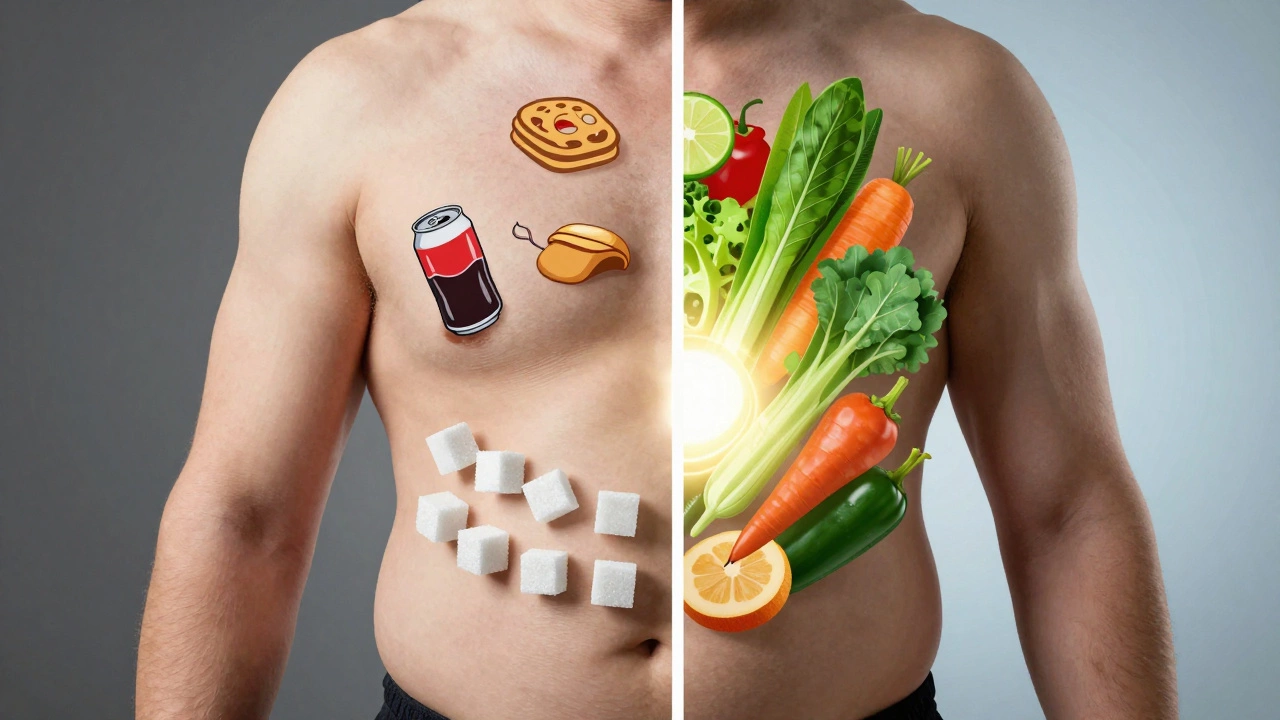 Split torso illustration contrasting bloated abdomen from poor diet versus toned midsection from healthy living.