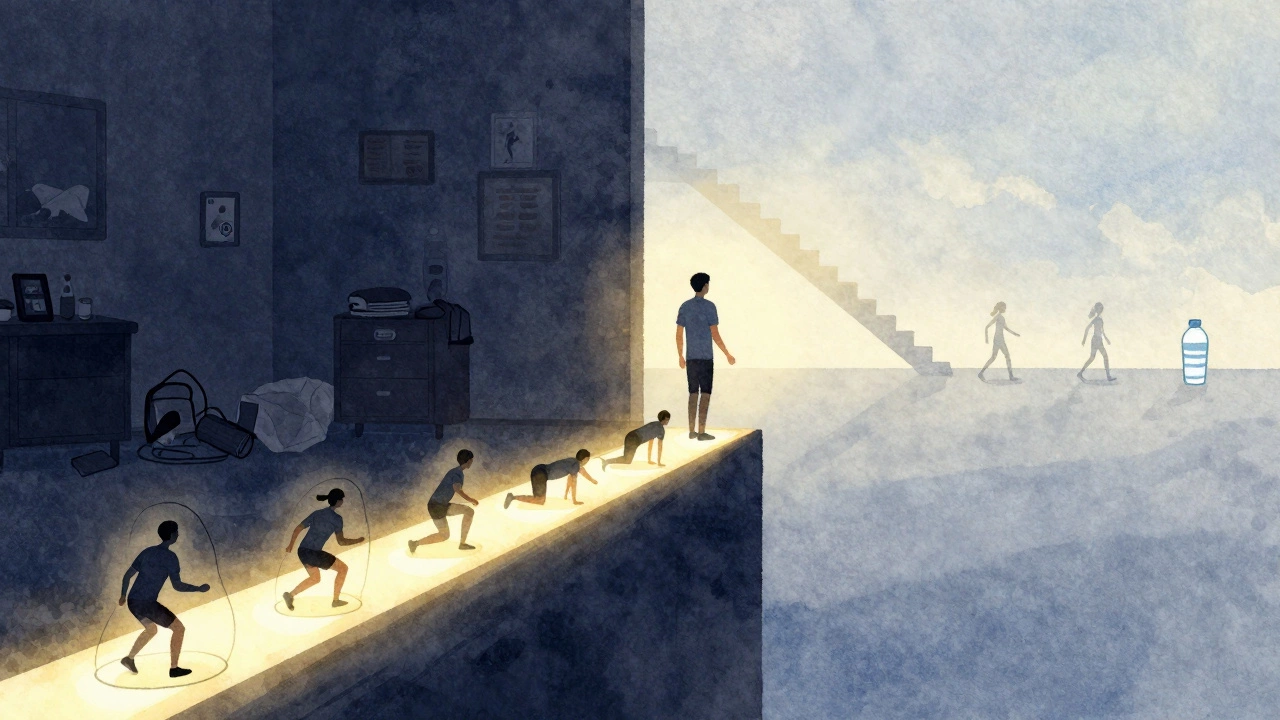 Symbolic path of healthy habits lit by 10-minute exercise icons leading to a brighter future.