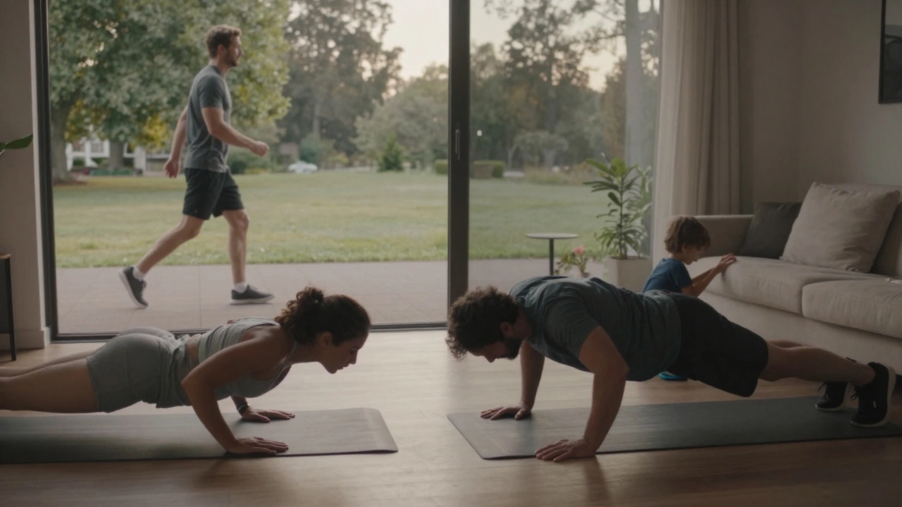 Three people doing different simple workouts in everyday environments