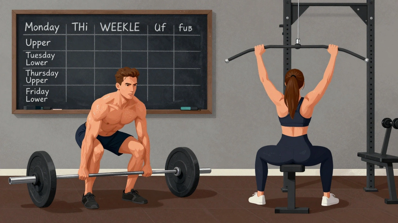 Two individuals training in a gym — one deadlifting, another doing lat pulldowns — with a weekly schedule visible on a chalkboard.