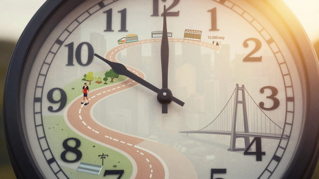 A clock face merges with a walking path past landmarks, showing that 10,000 steps take about 75–90 minutes of steady walking.