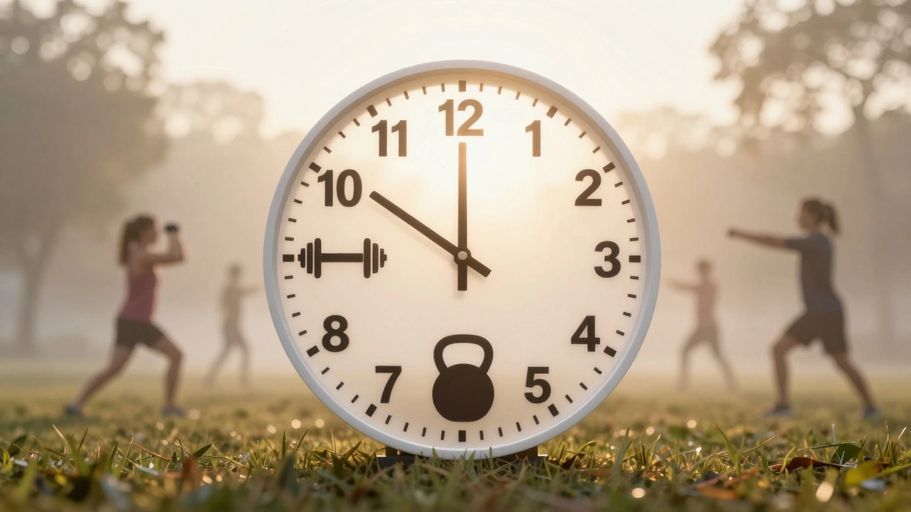 A clock face symbolizing the 4-2-1 workout structure with fitness equipment marking each segment.
