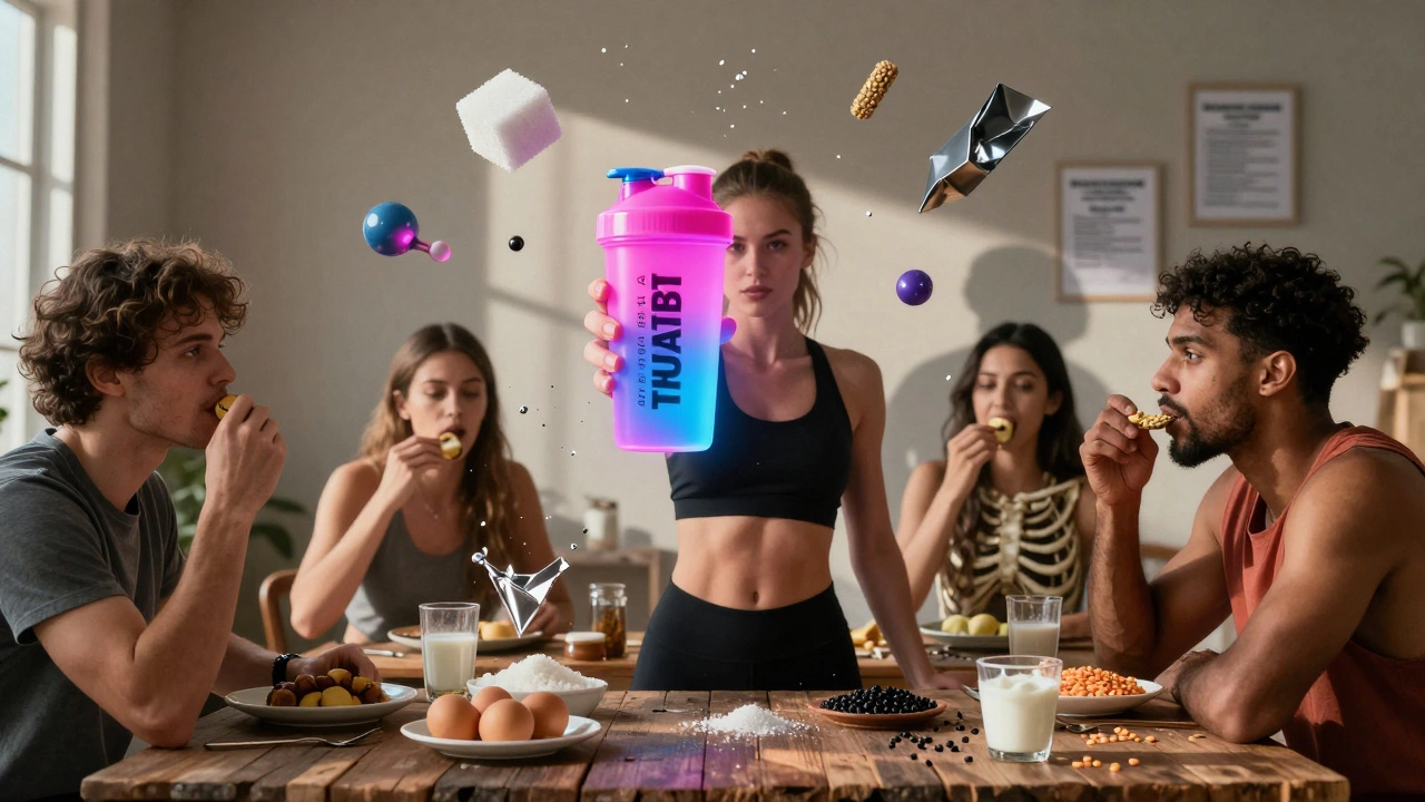 A fitness influencer holding a glowing protein shake while real food is eaten nearby; their shadow is a skeleton, revealing the hidden dangers.