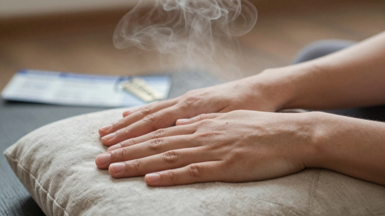 A model's hands in restorative yoga, eyes closed, with travel items blurred in the background.