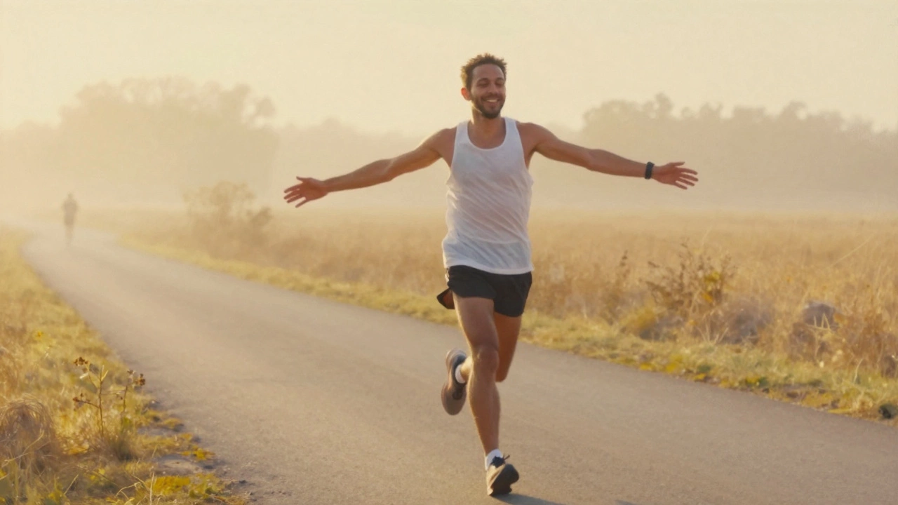 A runner experiencing the 'second wind' with relaxed posture and golden light, symbolizing improved endurance.