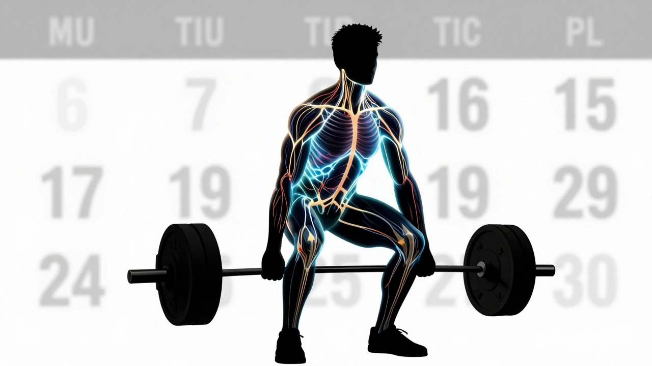 A silhouette performing a deadlift with glowing neural pathways activating major muscle groups.