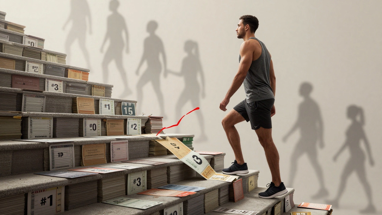 A staircase of gym pay stubs crumbles as one trainer climbs halfway, while others vanish into fog, symbolizing industry turnover.