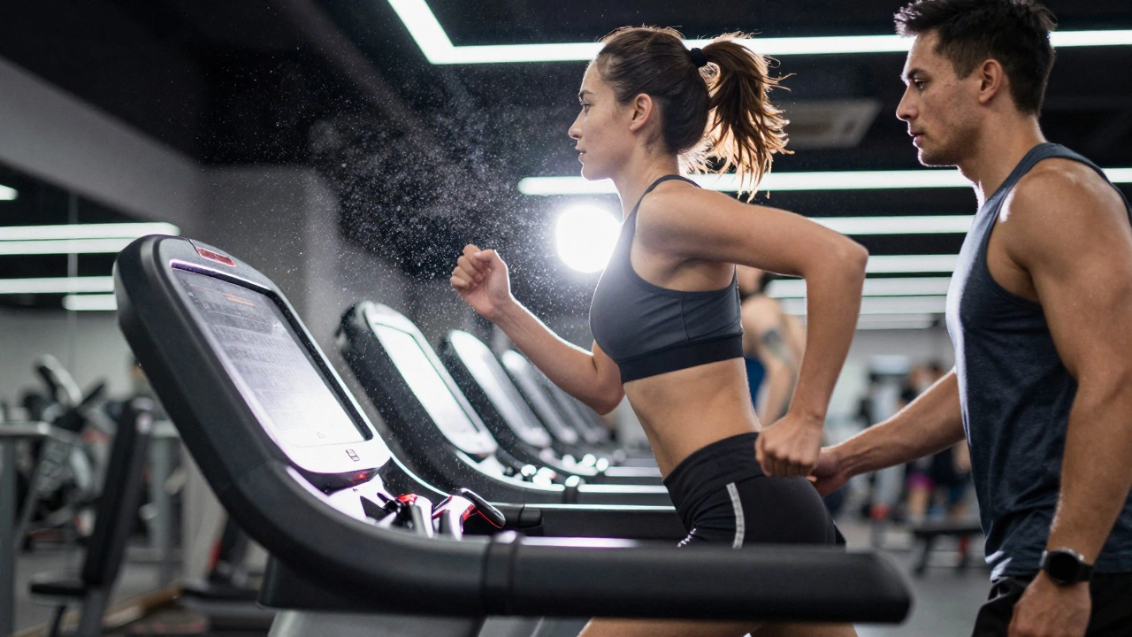Client sprinting on treadmill during interval training with motion blur