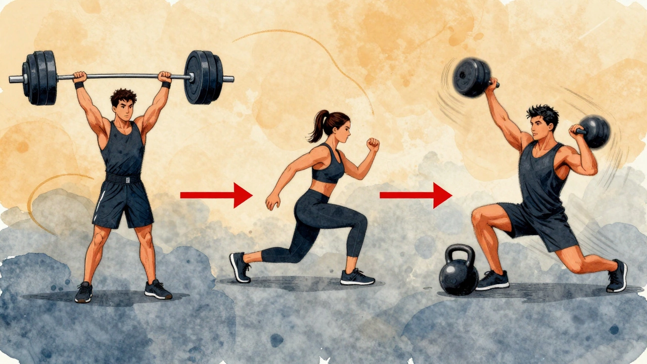 Illustrated timeline showing three workout phases: heavy lifting, accessory exercises, and conditioning finisher.