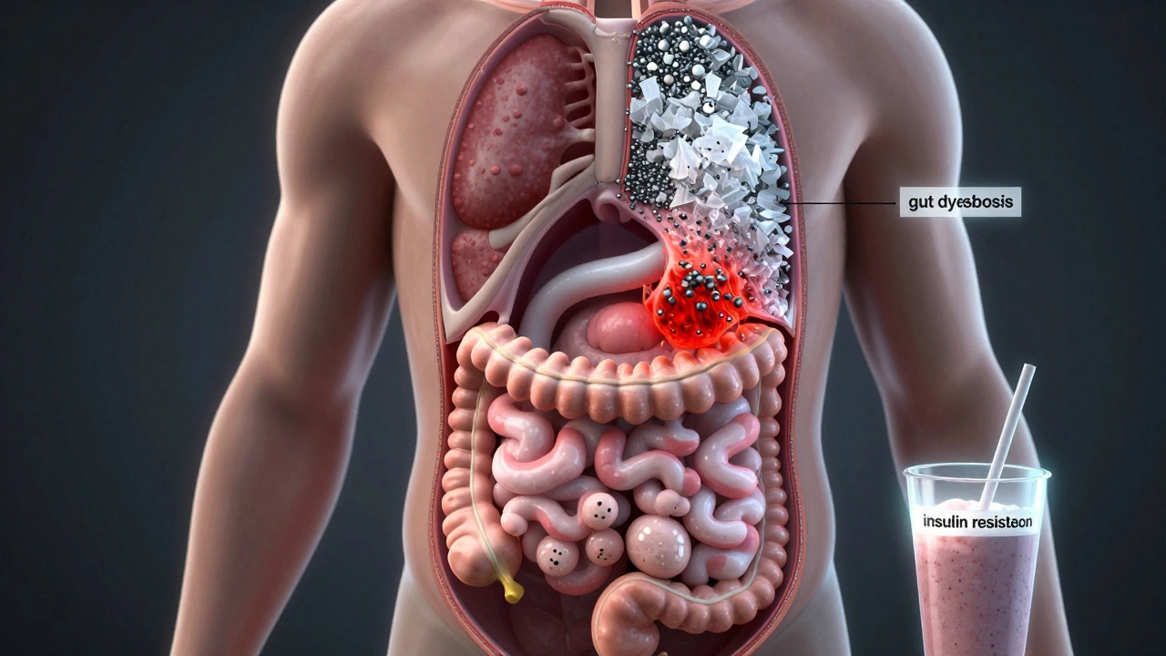 Medical illustration showing a healthy gut versus an inflamed gut damaged by sugar, heavy metals, and artificial additives from protein shakes.