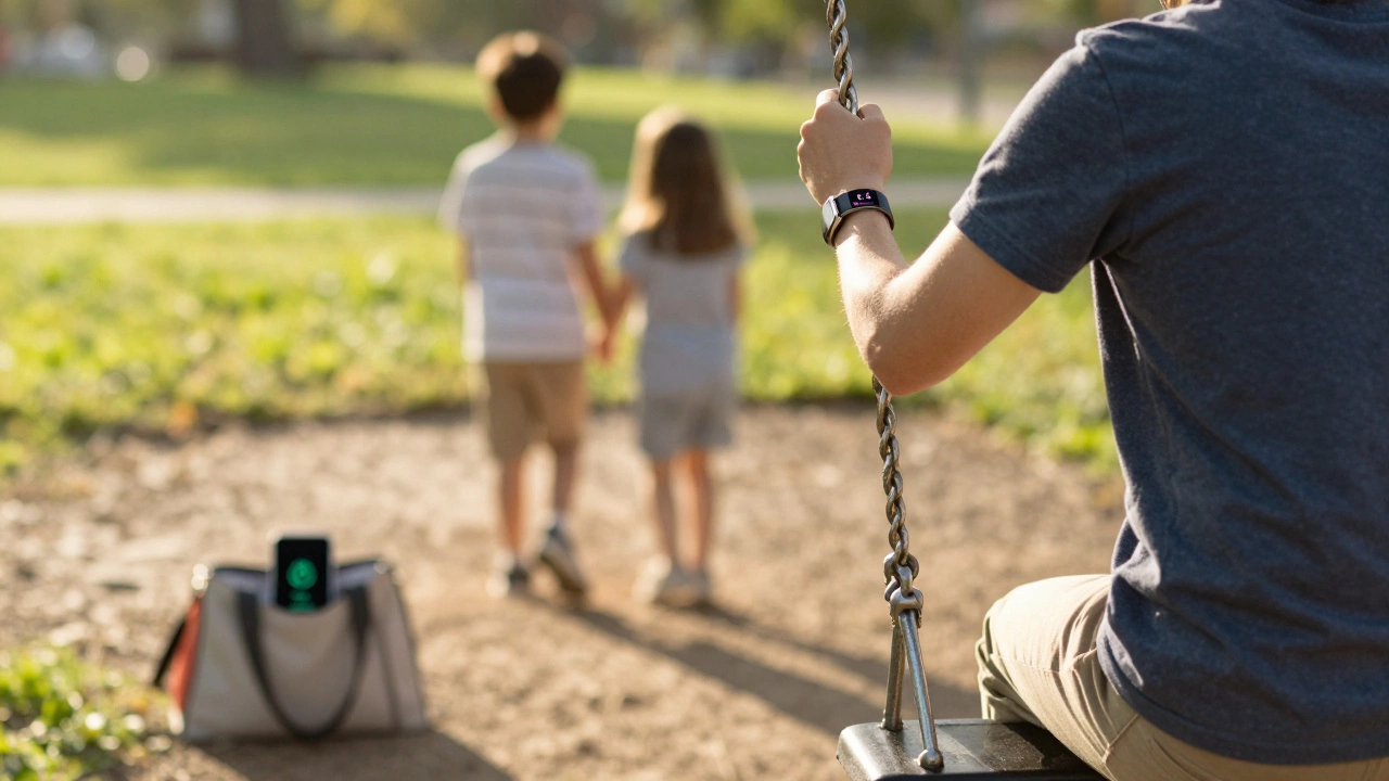 Parent acknowledging a text with a single tap on Fitbit while pushing a swing at the park.