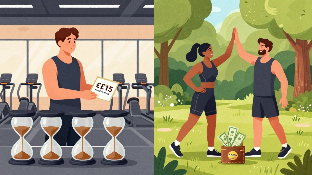 Split scene: one side shows a trainer paid little in a gym, the other shows the same trainer earning fully in a park session.