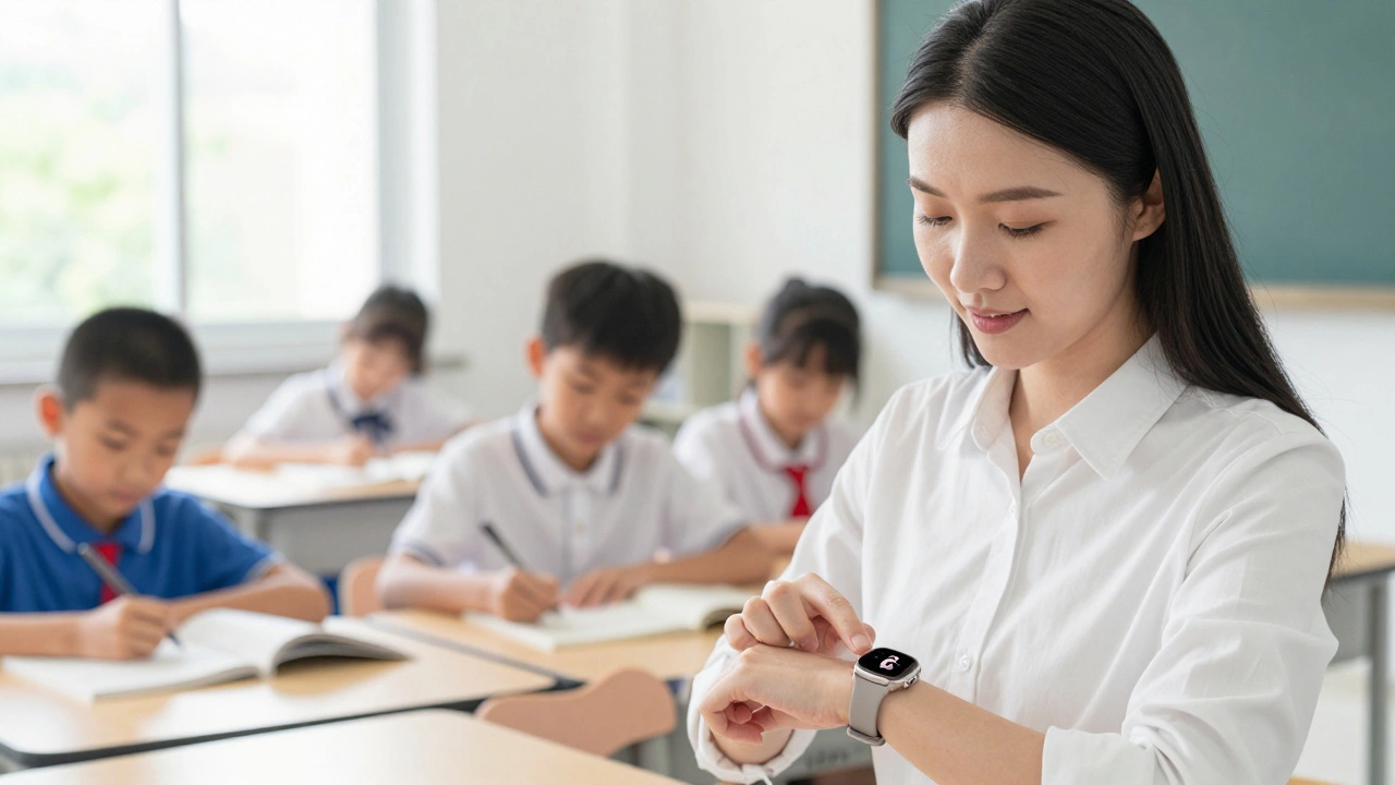 Teacher sending a quick 'OK' reply via Fitbit during a classroom lesson.