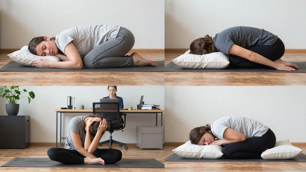 Three different beginners doing short yoga routines: a parent, office worker, and person with pain, each in their own environment.