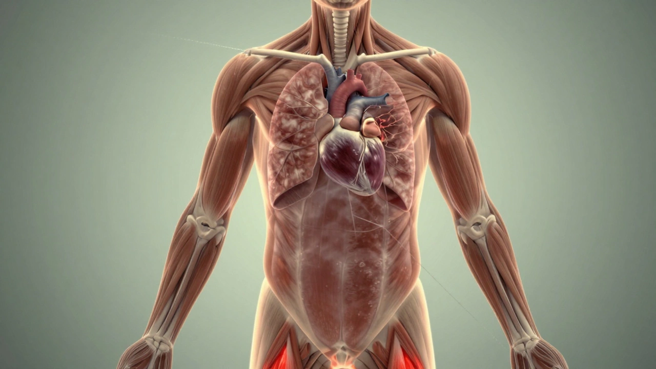 Transparent anatomical view of a runner's body showing oxygen delivery and lactic acid buildup.
