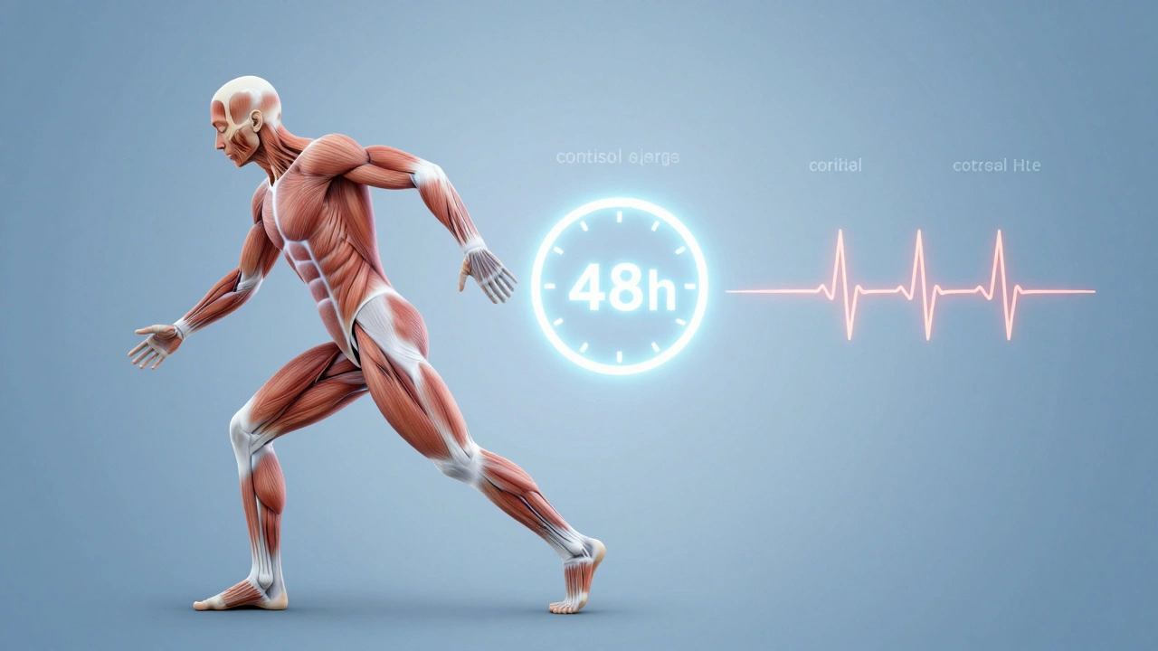 Transparent layers of body recovery processes during rest, centered on a clock icon indicating 48-hour recovery window.