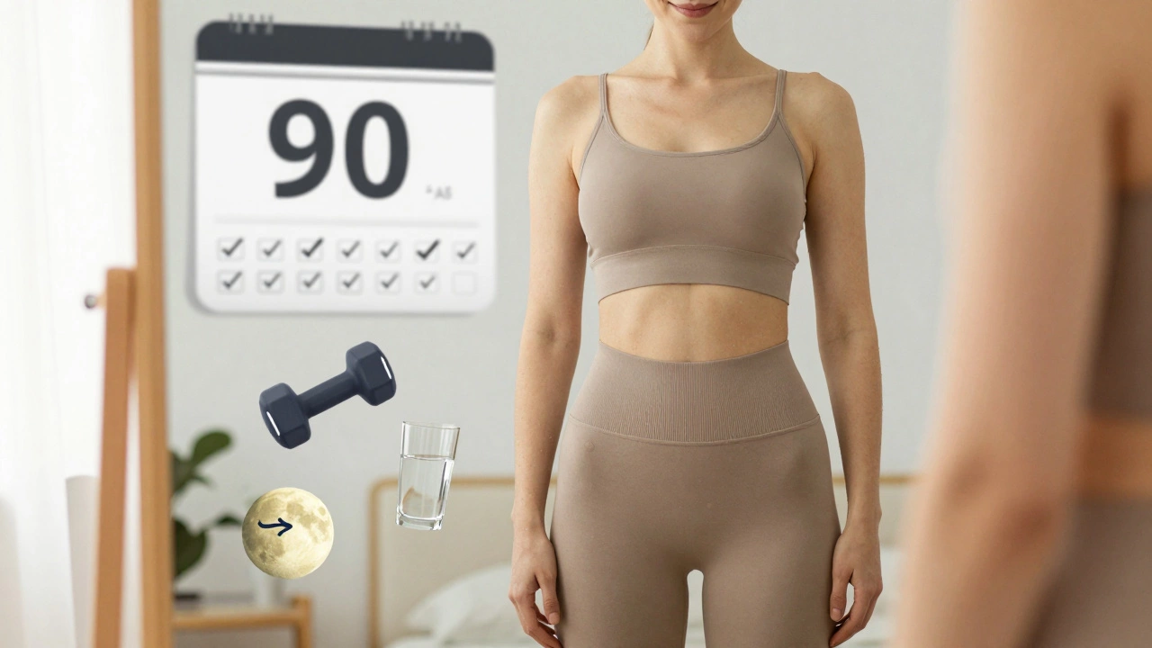 A person seeing progress in a mirror, surrounded by icons of sleep, hydration, and strength training.