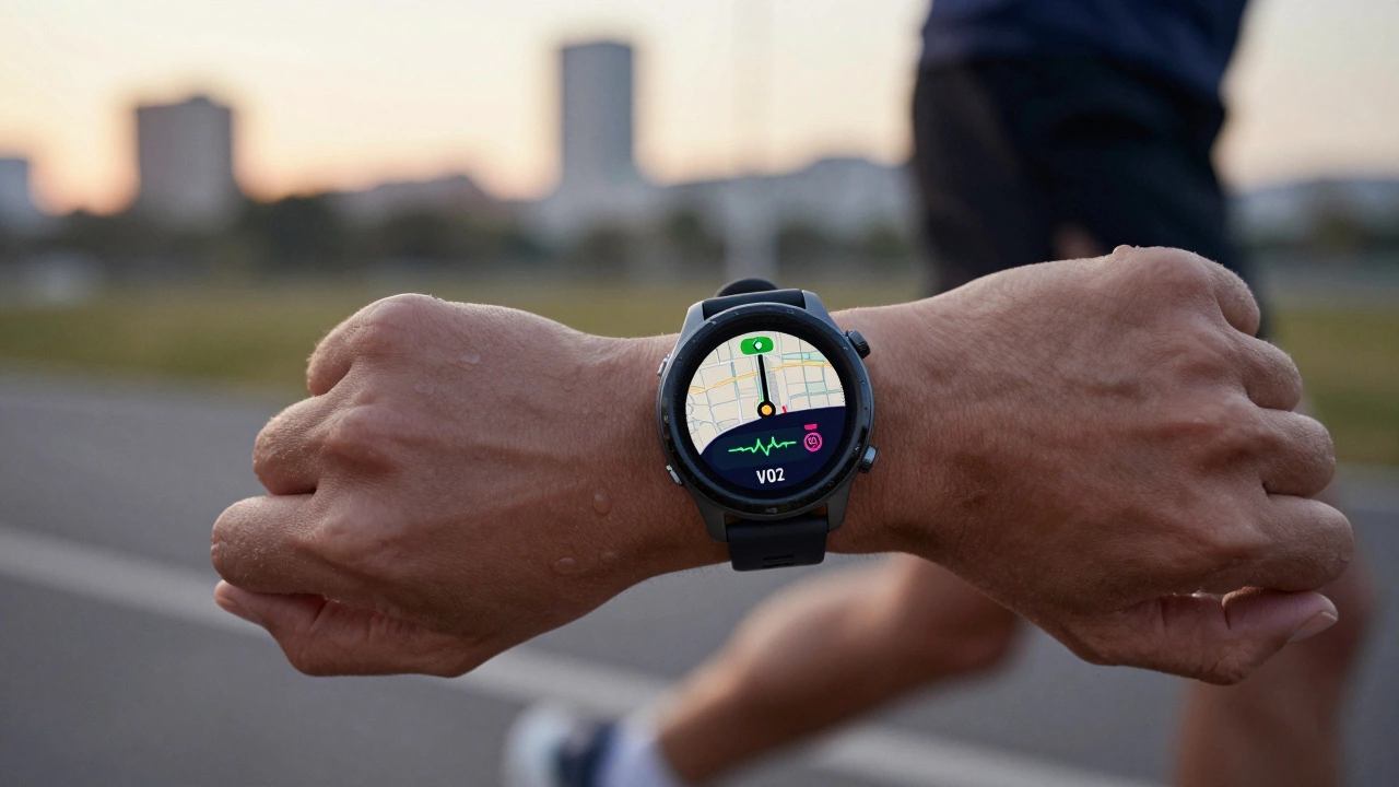 An athlete wearing a fitness watch during a run, with GPS and heart rate metrics displayed on a color screen.