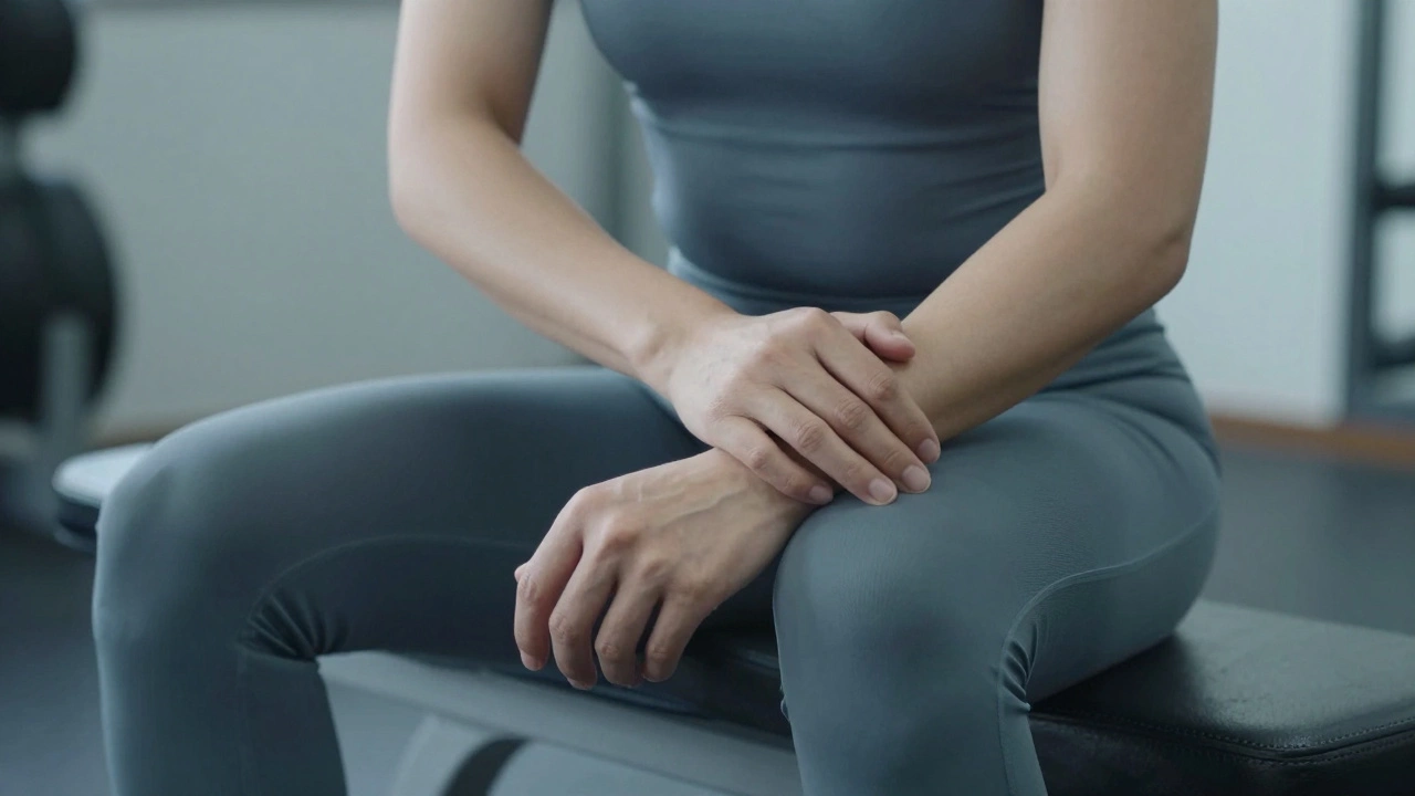 Athlete checking wrist pulse while stretching after exercise.