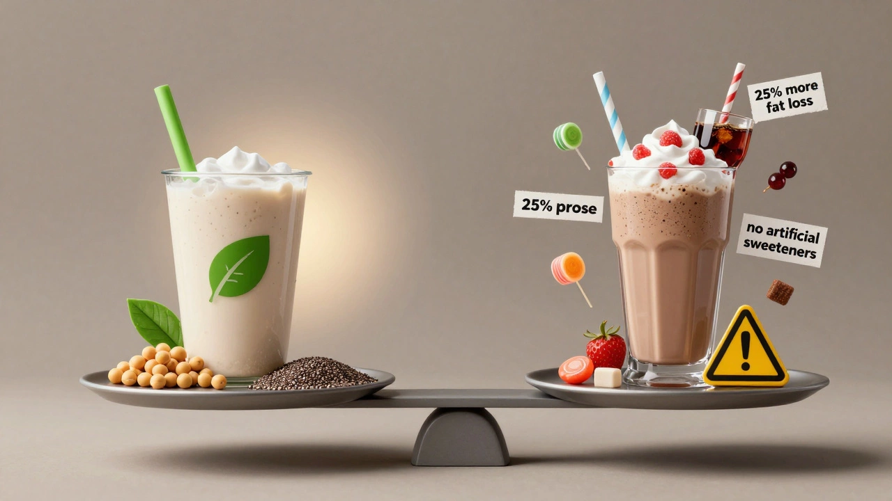 Balanced scale comparing clean protein shake versus sugary protein powder with health icons.