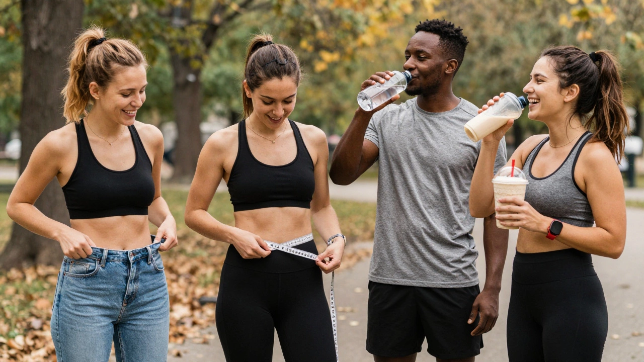 Four people smiling in a park, holding looser jeans and a tape measure, celebrating weight loss after a month of HIIT.