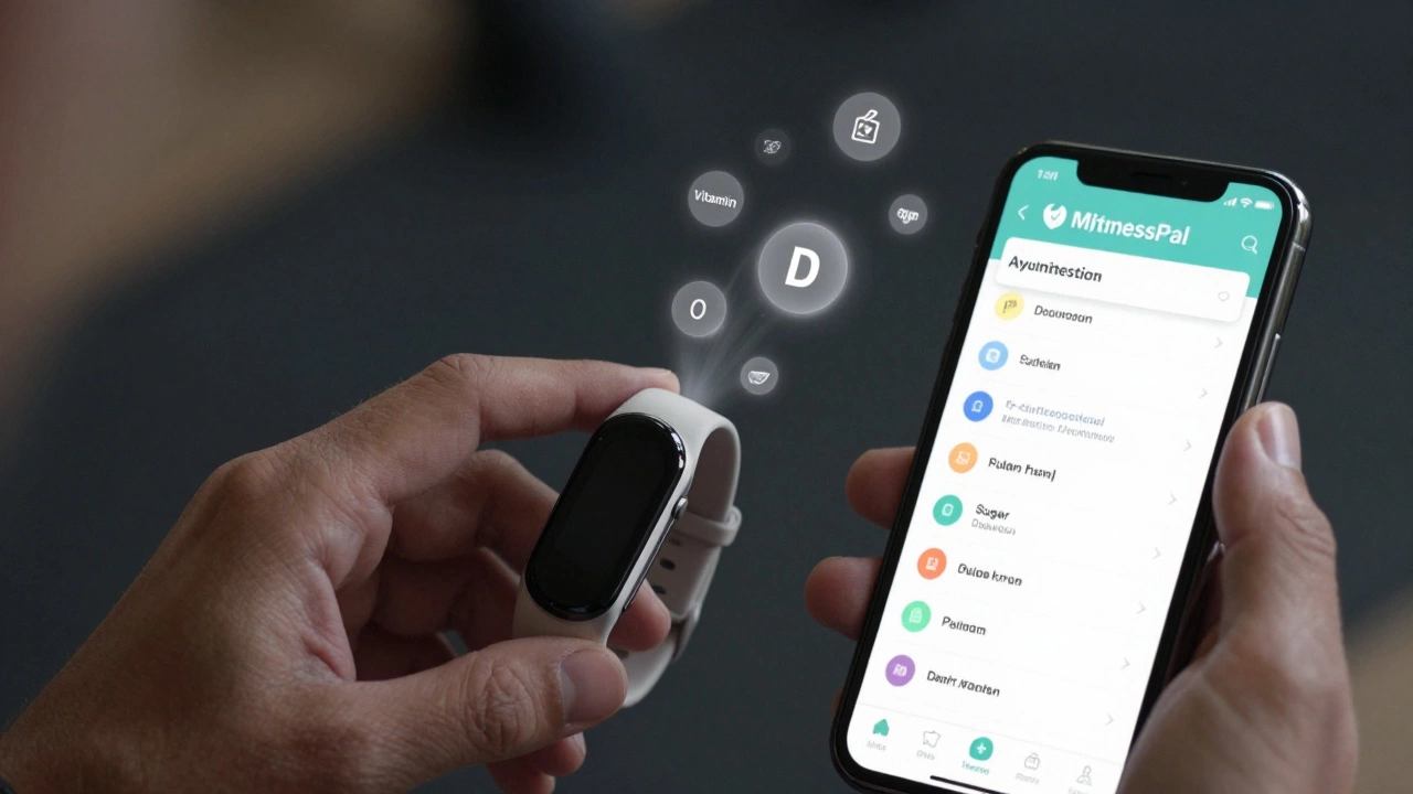 Hand holding fitness tracker as micronutrient icons float from MyFitnessPal Premium screen.