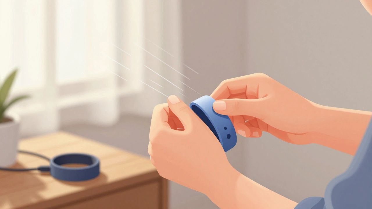 Hands unclasping a fitness tracker band from wrist near nightstand.