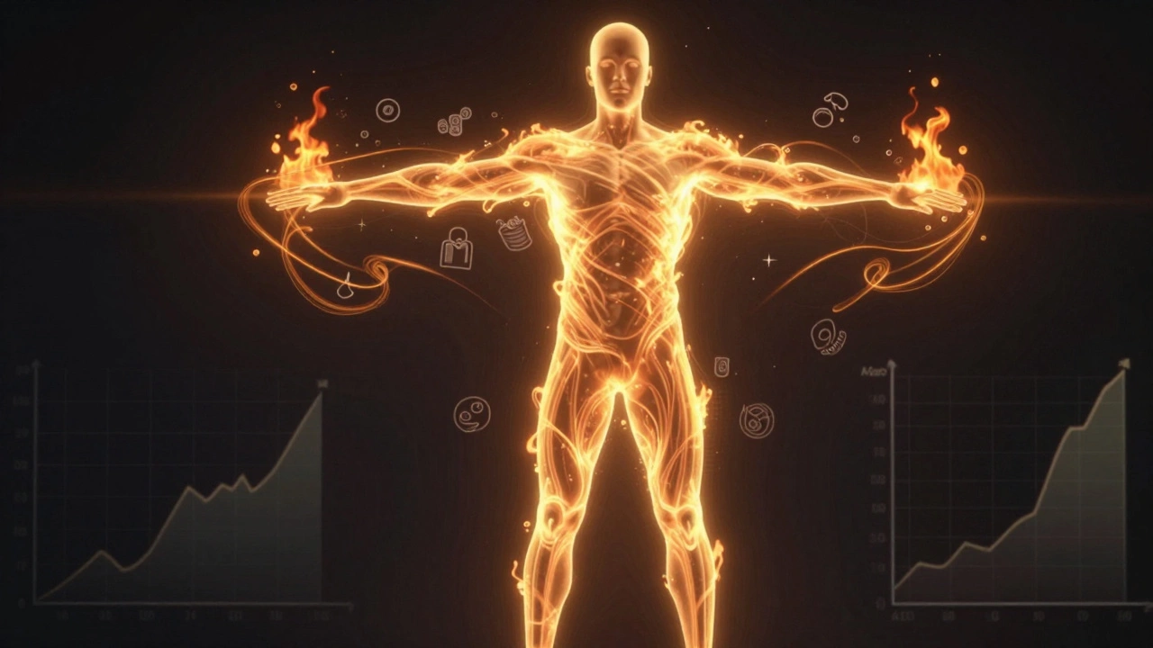 Human silhouette with glowing energy waves representing post-workout calorie burn, abstract scientific style.