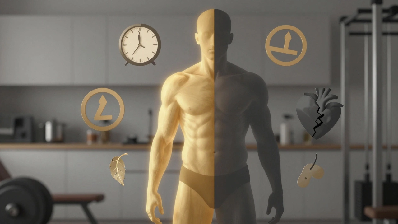 Human silhouette with one side glowing as muscle and fat, other fading into shadow with health risk icons.