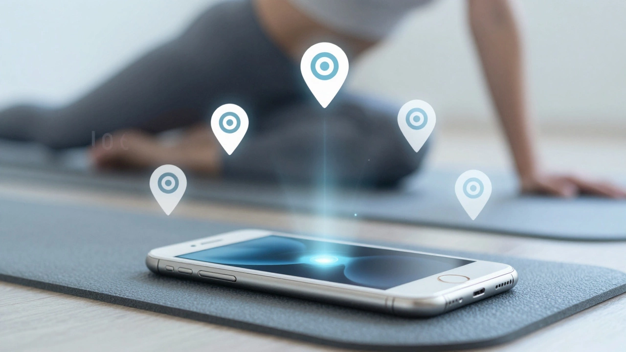 iPhone on a yoga mat with floating fitness metrics, showing motion-based tracking limits.