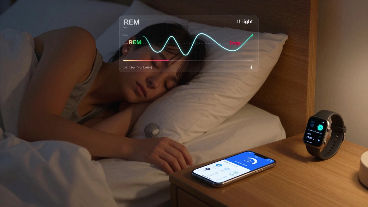 iPhone on nightstand beside a sleeping person, sleep data displayed inaccurately.