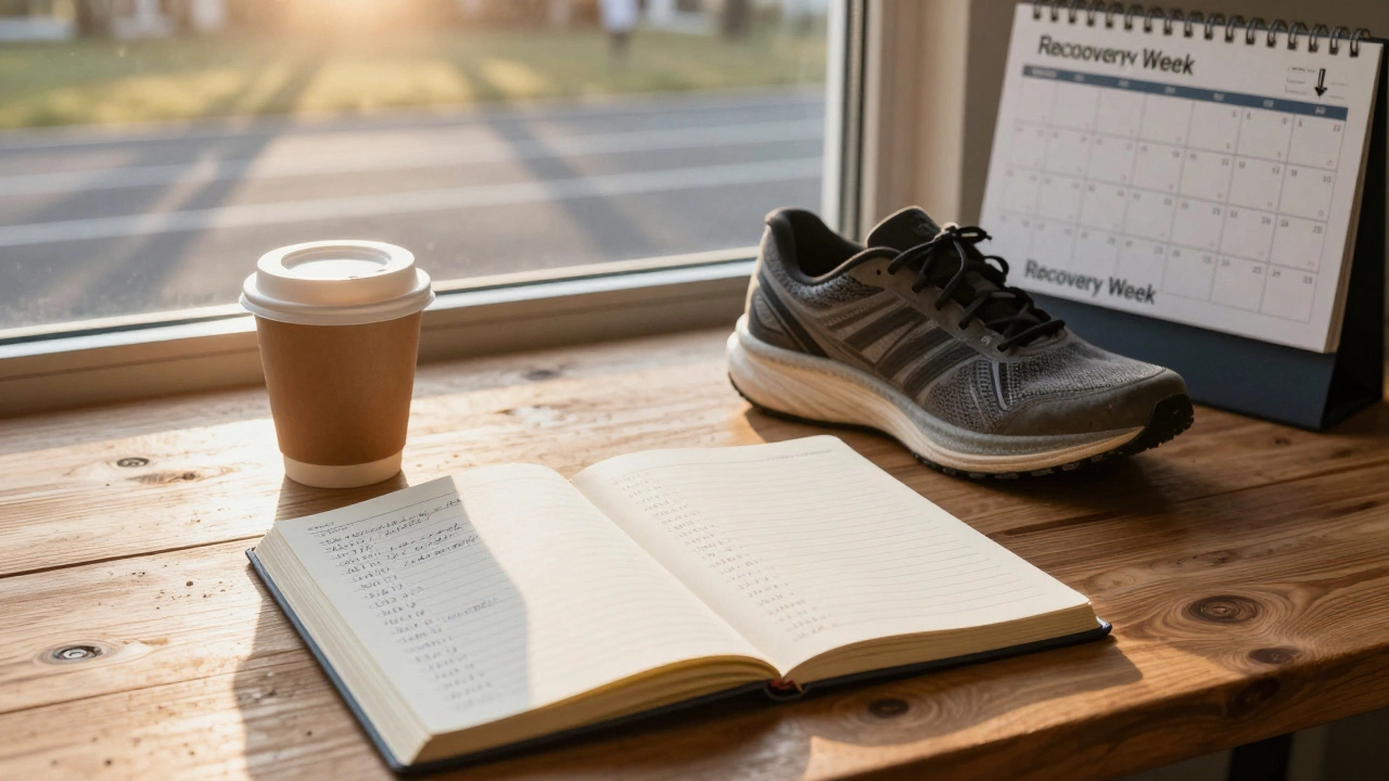 Open runner's journal with weekly logs and recovery week markings, beside a coffee cup and running shoes at sunrise.