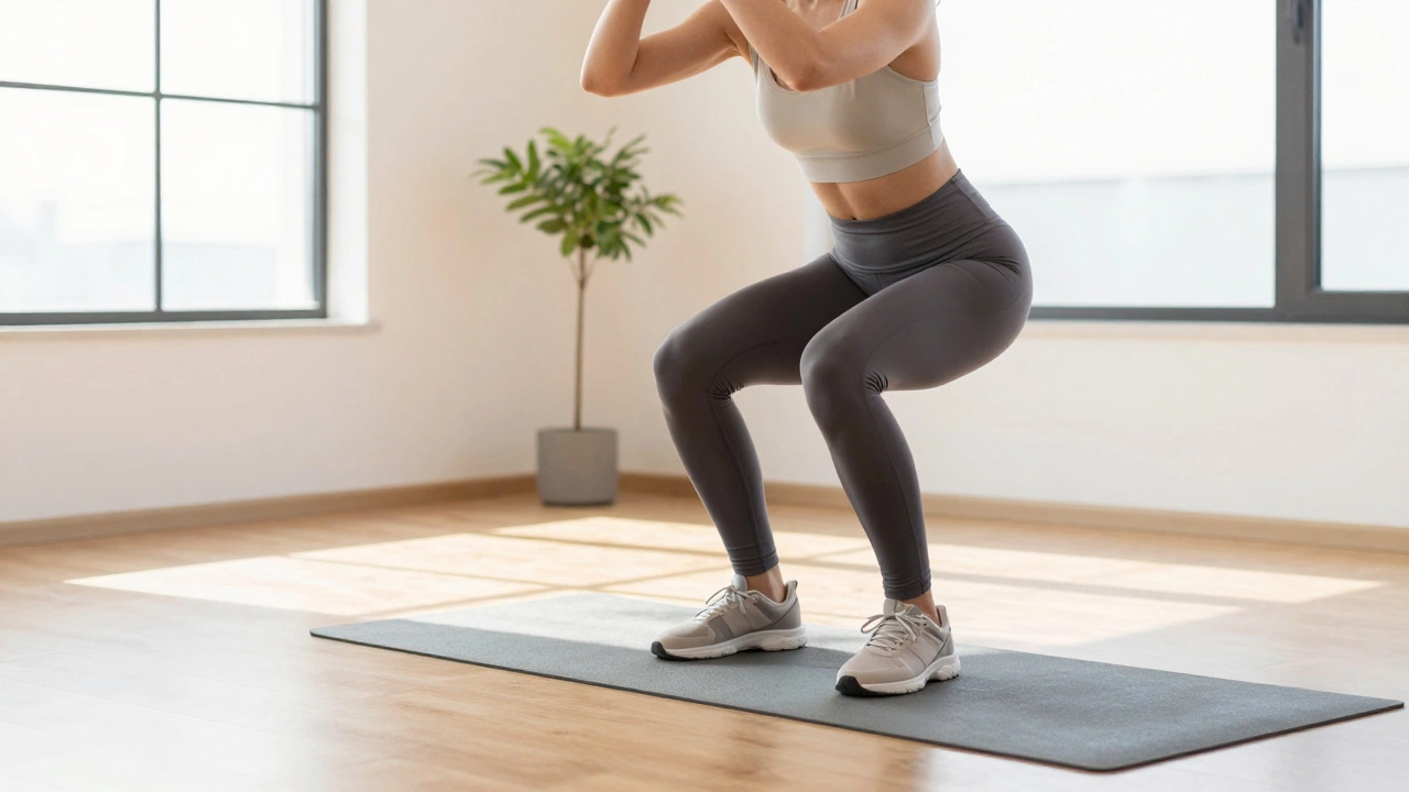 Person doing squat jumps on a yoga mat at home.