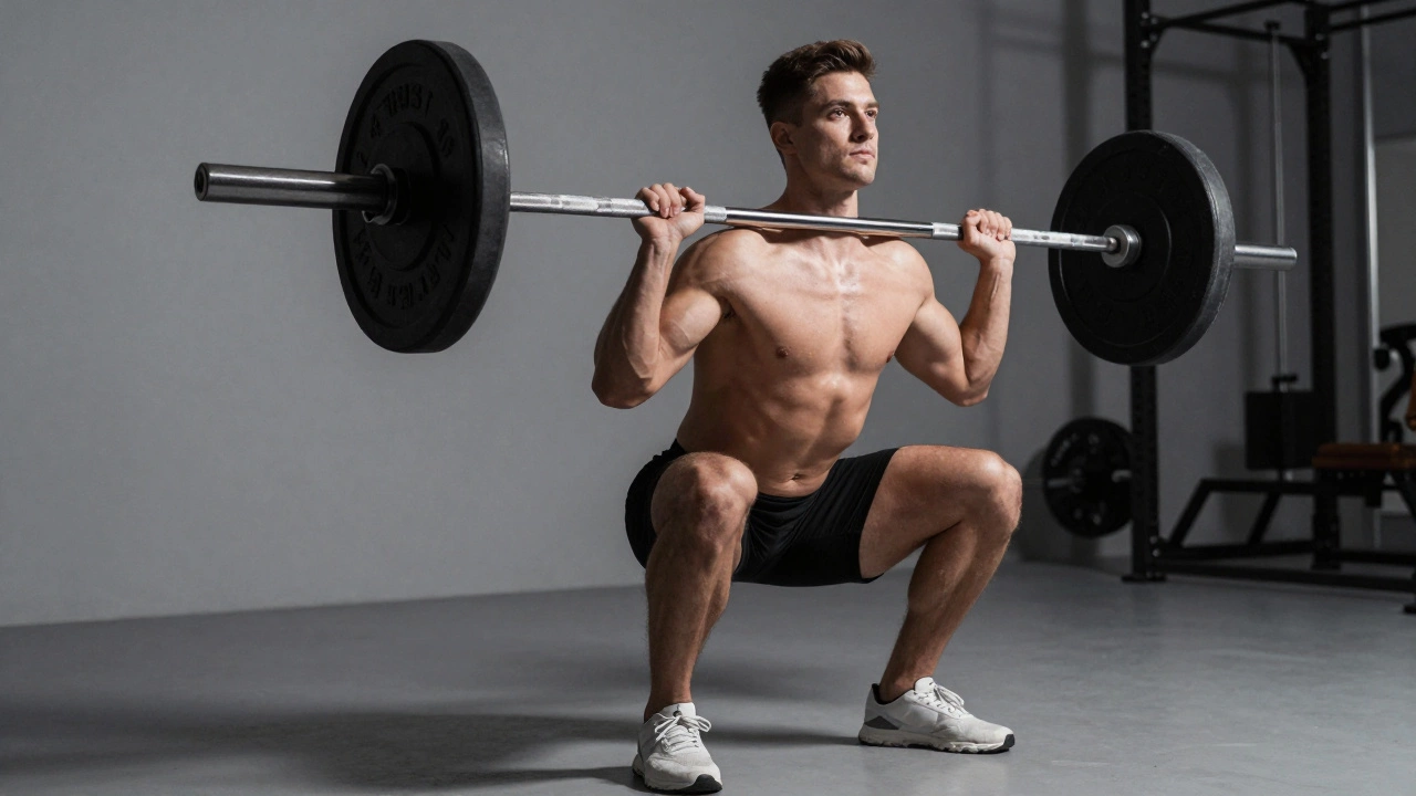 Person performing heavy barbell squat in modern gym setting.