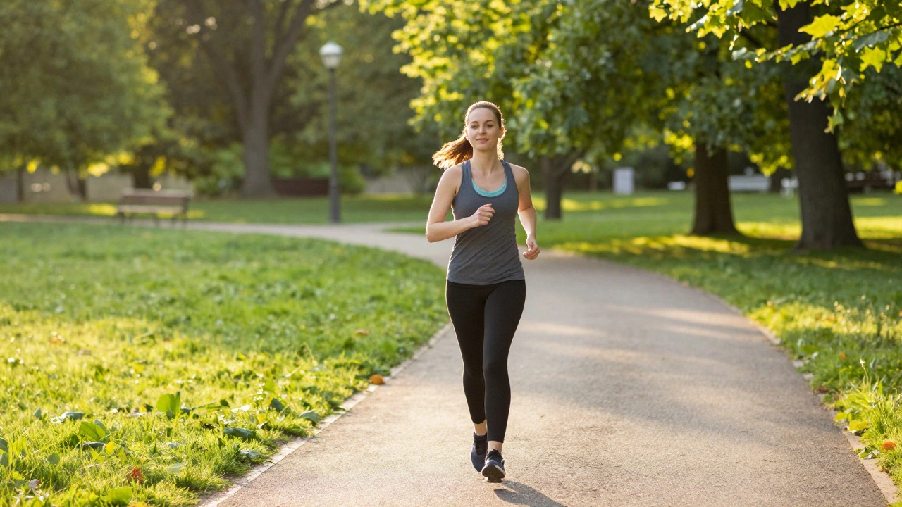 Person running in park with bare wrist and no wearable device.
