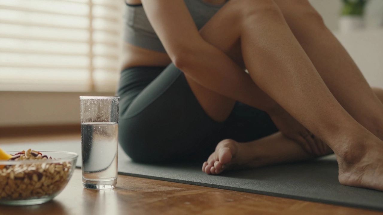 Relaxed individual sitting with water and healthy food after workout.