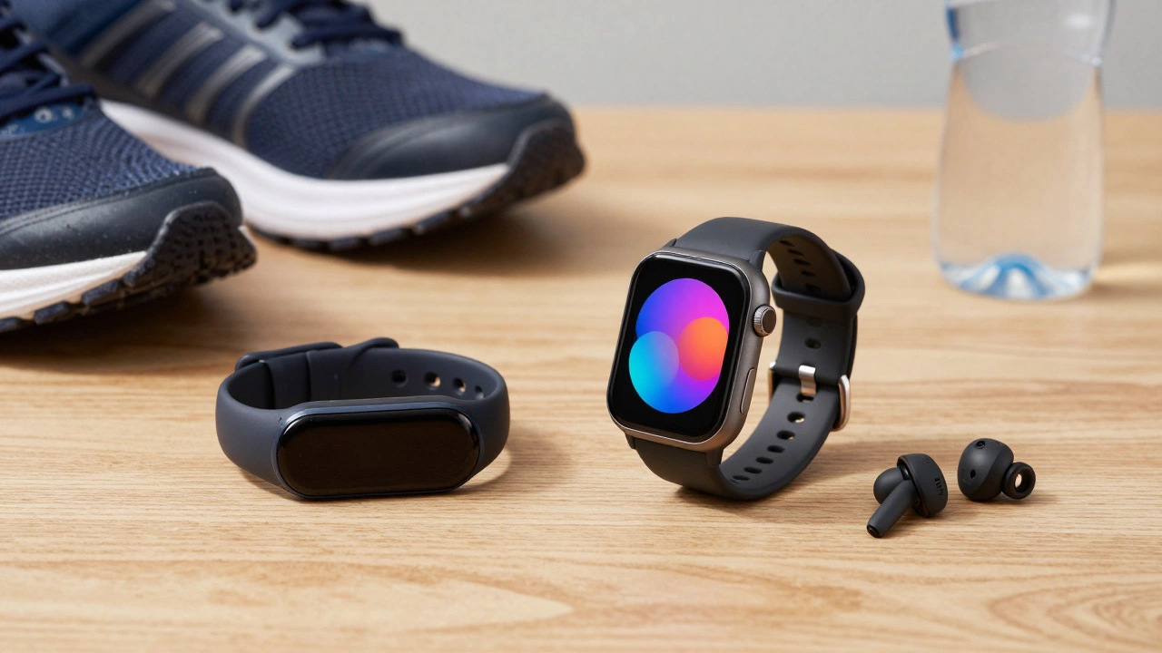 Side-by-side view of a fitness tracker and fitness watch on a table, illustrating their size and feature differences.