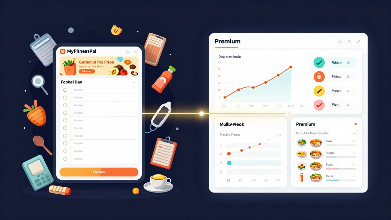 Split-screen illustration: messy free version vs. clean Premium dashboard with nutrient graphs and templates.