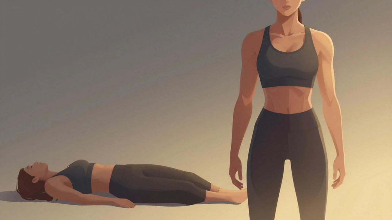 Split visual of a person's body transformation over 60 days, showing progress from slouched to toned posture with subtle muscle definition.