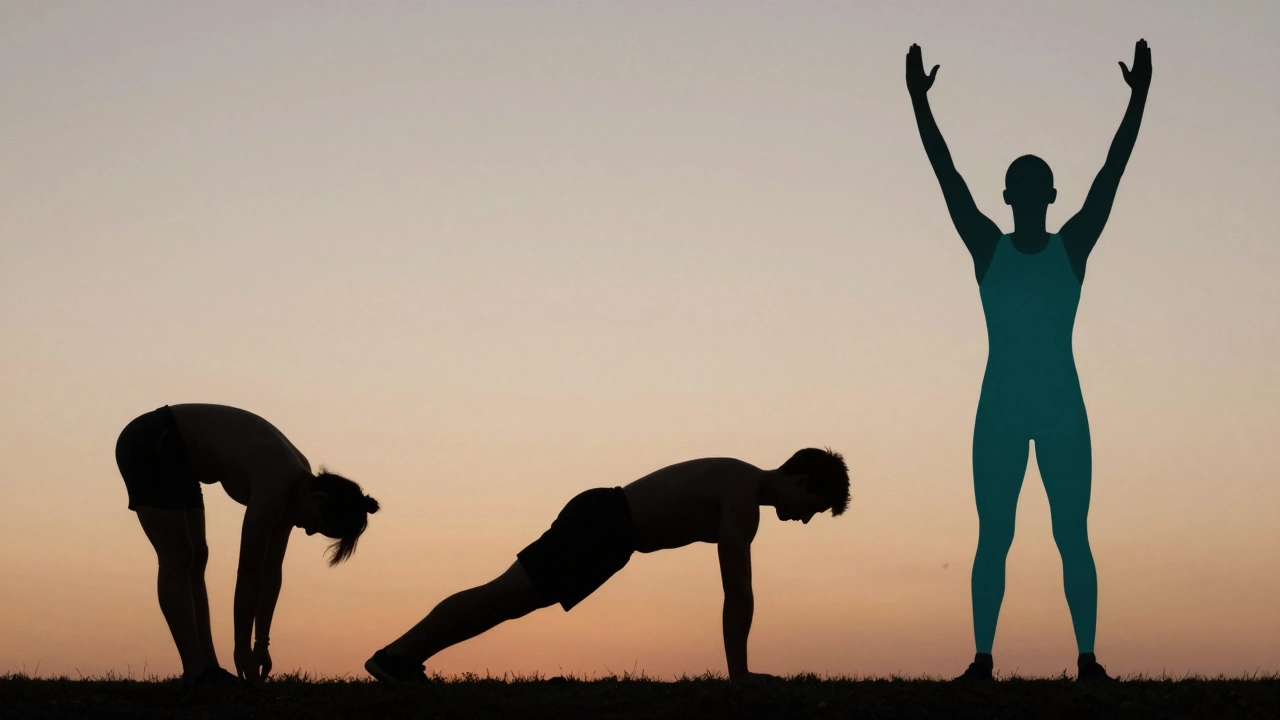 Three silhouettes representing stages of fitness progress: exhaustion, effort, and victory, against a dawn-to-dusk sky background.
