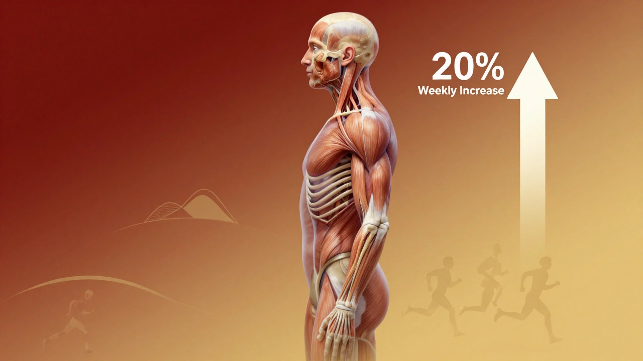 Translucent human body illustration with strengthening tissues under a 20% increase arrow, surrounded by running activity icons.