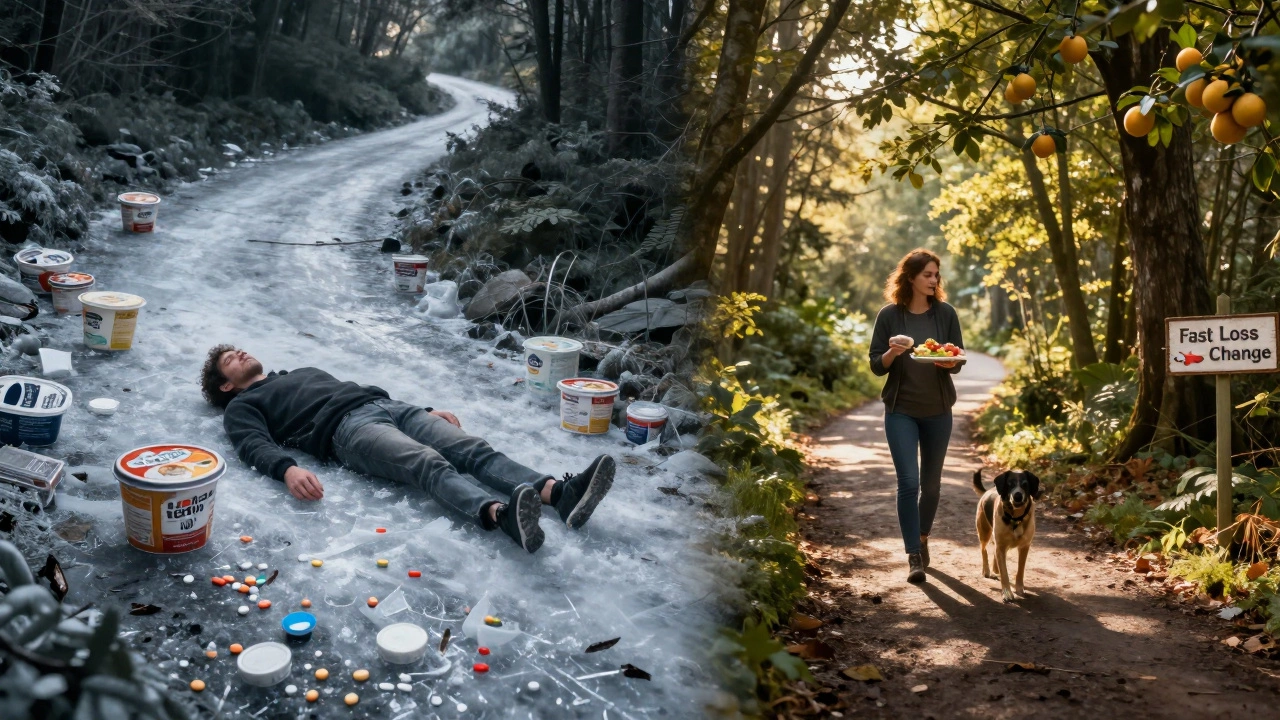 Two diverging paths: one chaotic with diet failure, the other peaceful with balanced living.