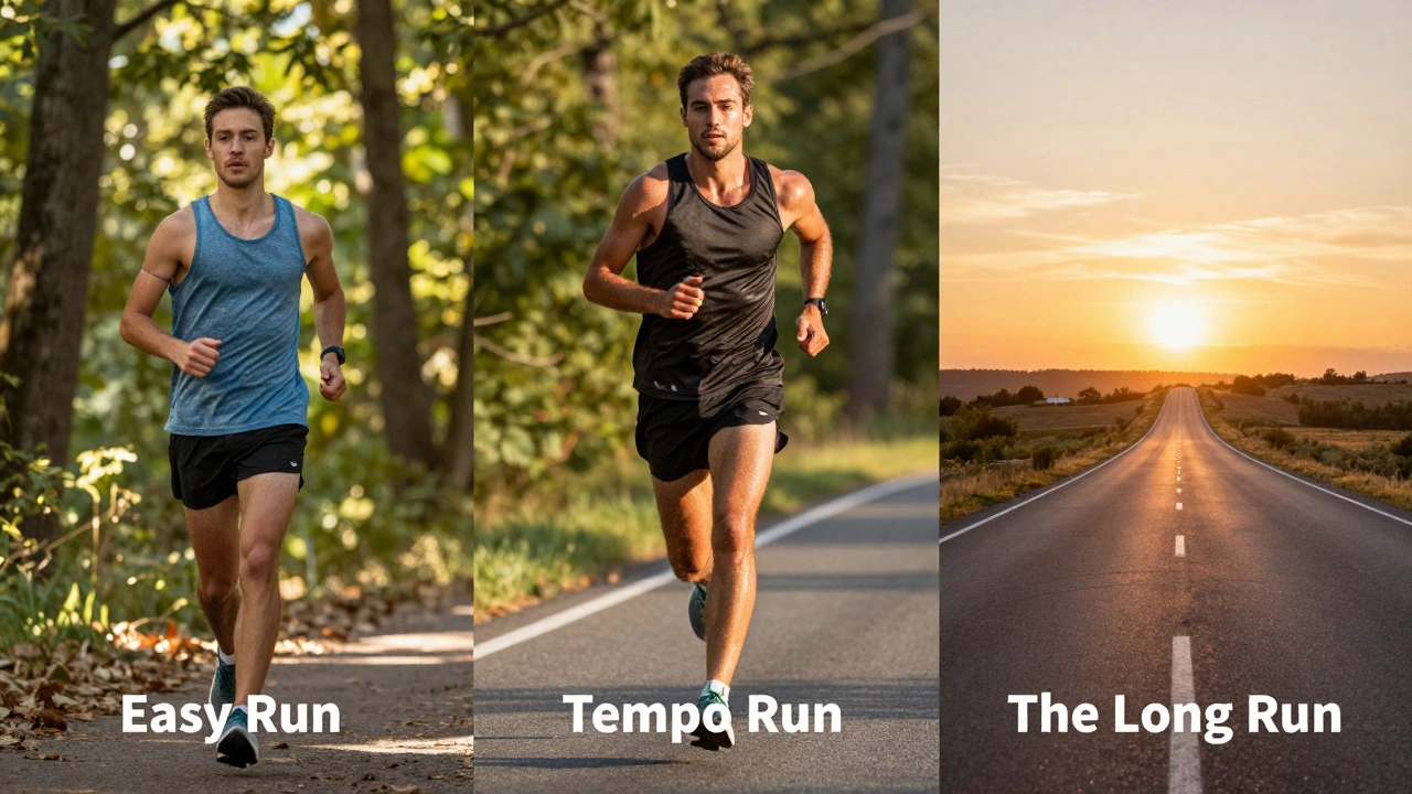 A collage depicting easy, tempo, and long-distance running styles.