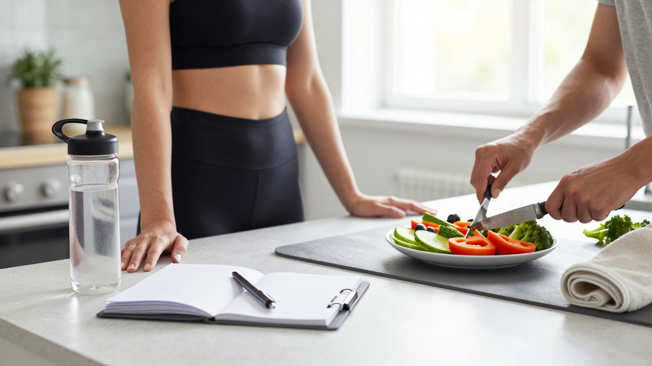 A person's gym gear and a healthy meal, illustrating the balance of exercise and nutrition.