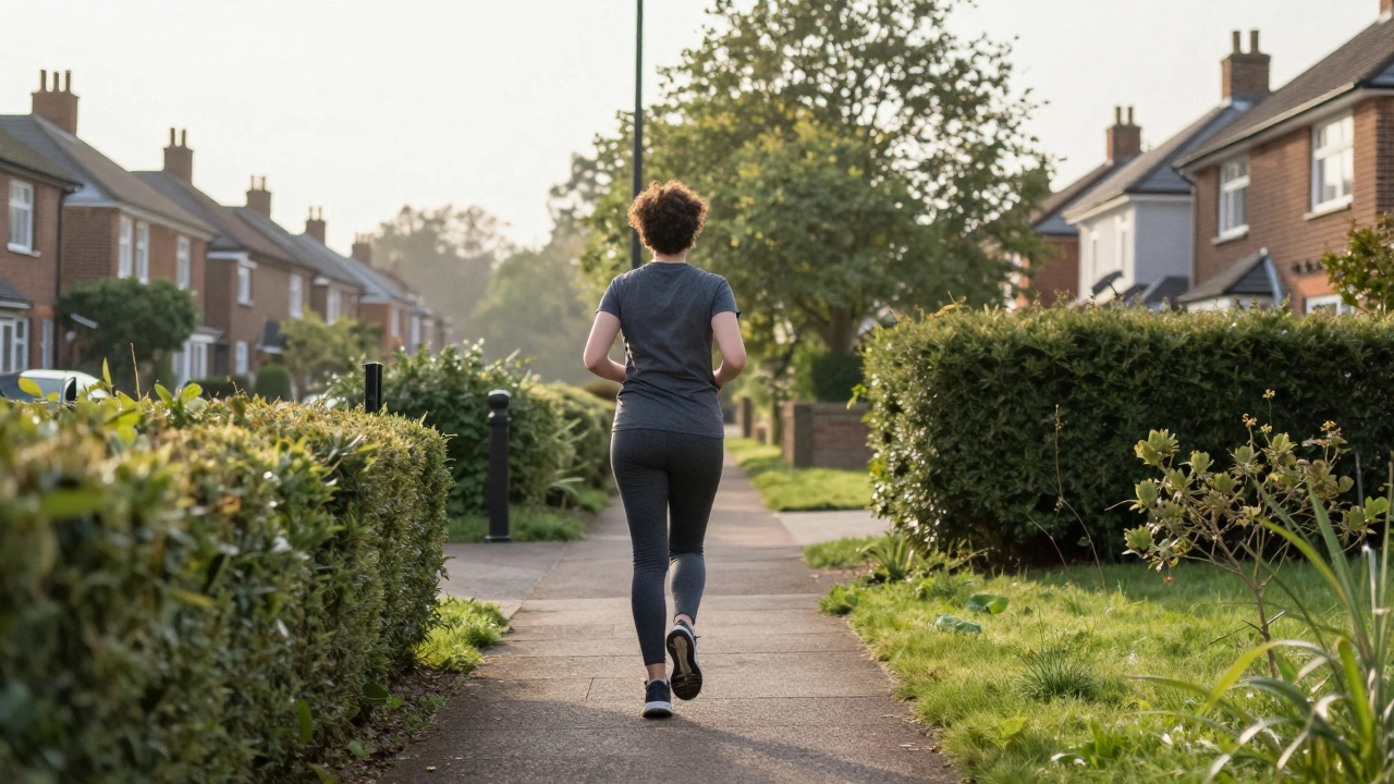 A person taking a brisk morning walk through a green residential neighborhood.