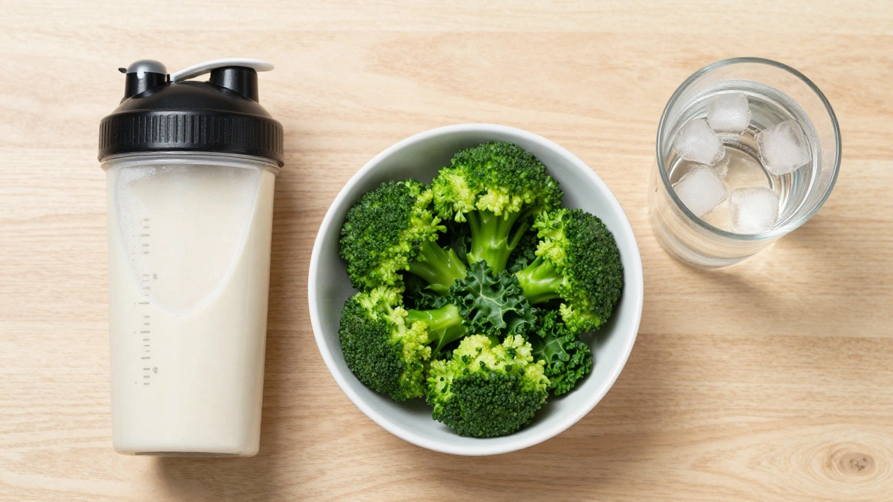 A protein shake, green vegetables, and a glass of water on a wooden table
