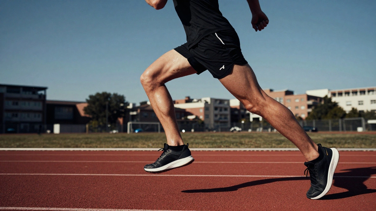 An athlete sprinting intensely on an urban track during a HIIT workout.