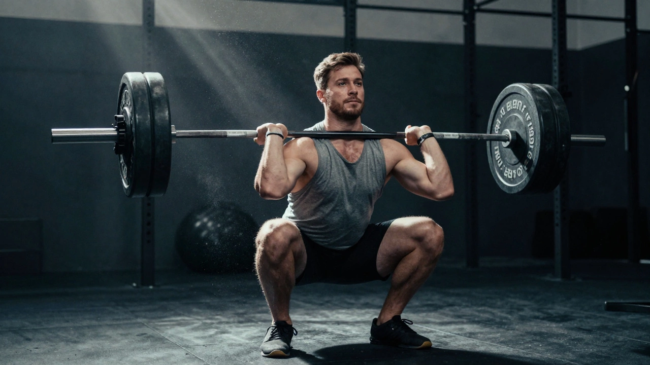 Athlete performing a heavy barbell squat with proper form