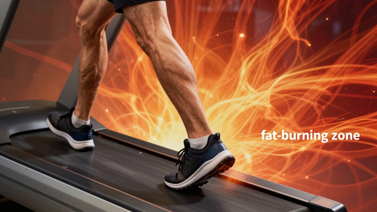Close-up of legs walking on a steep incline with an abstract heat map representing calorie burn.